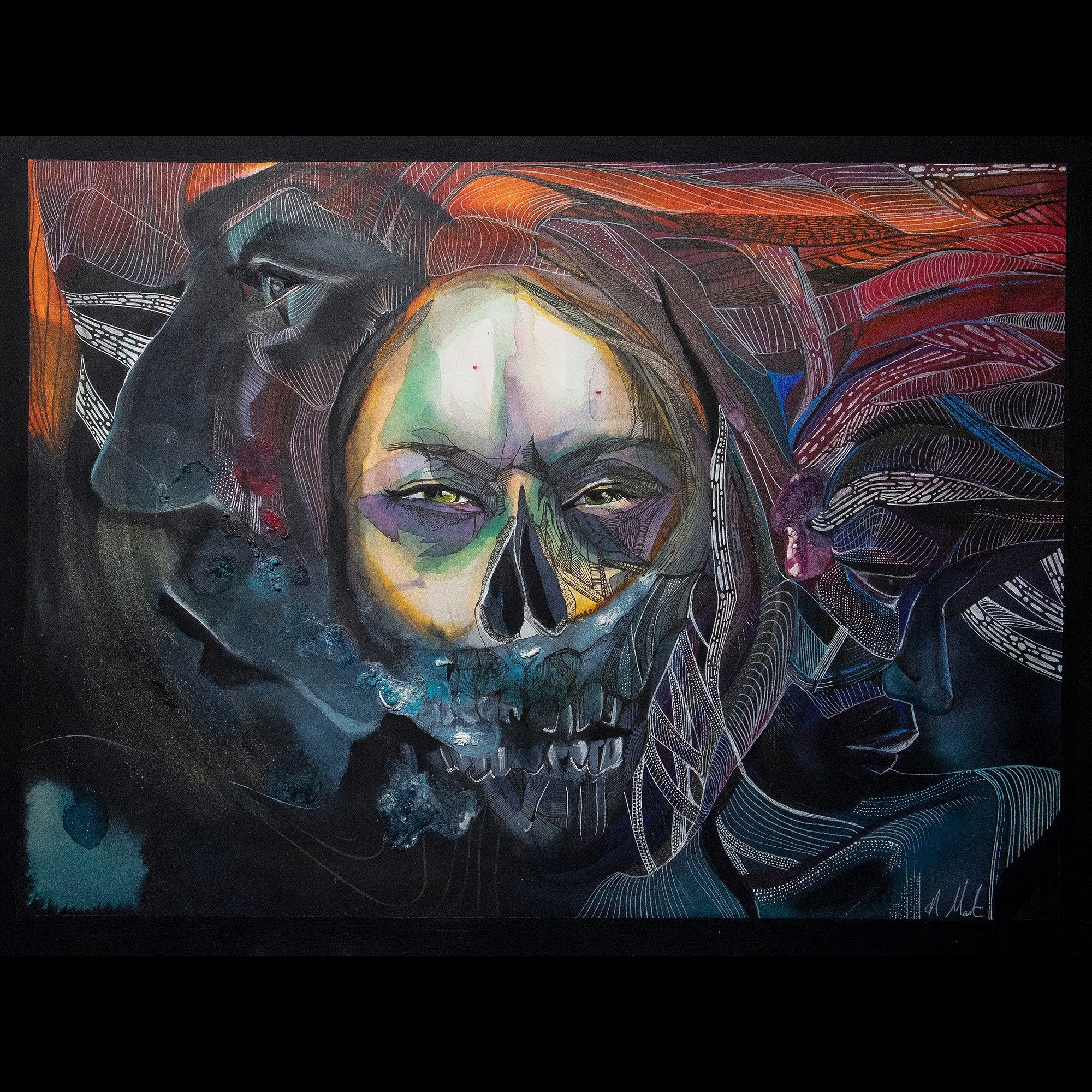 Watercolor, acrylic, inks, on watercolor paper.