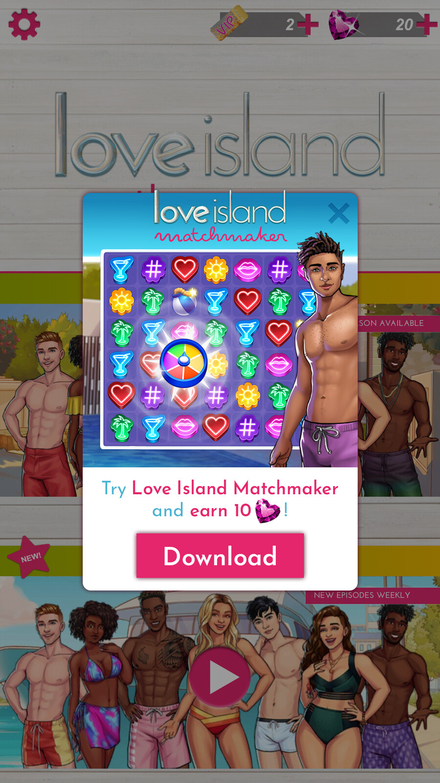 Bonus: CRM/Promotional pop-up for a new Love Island game; the first task I accomplished after joining the company. It allowed me to study the current game style and find ways to work within its limitations.