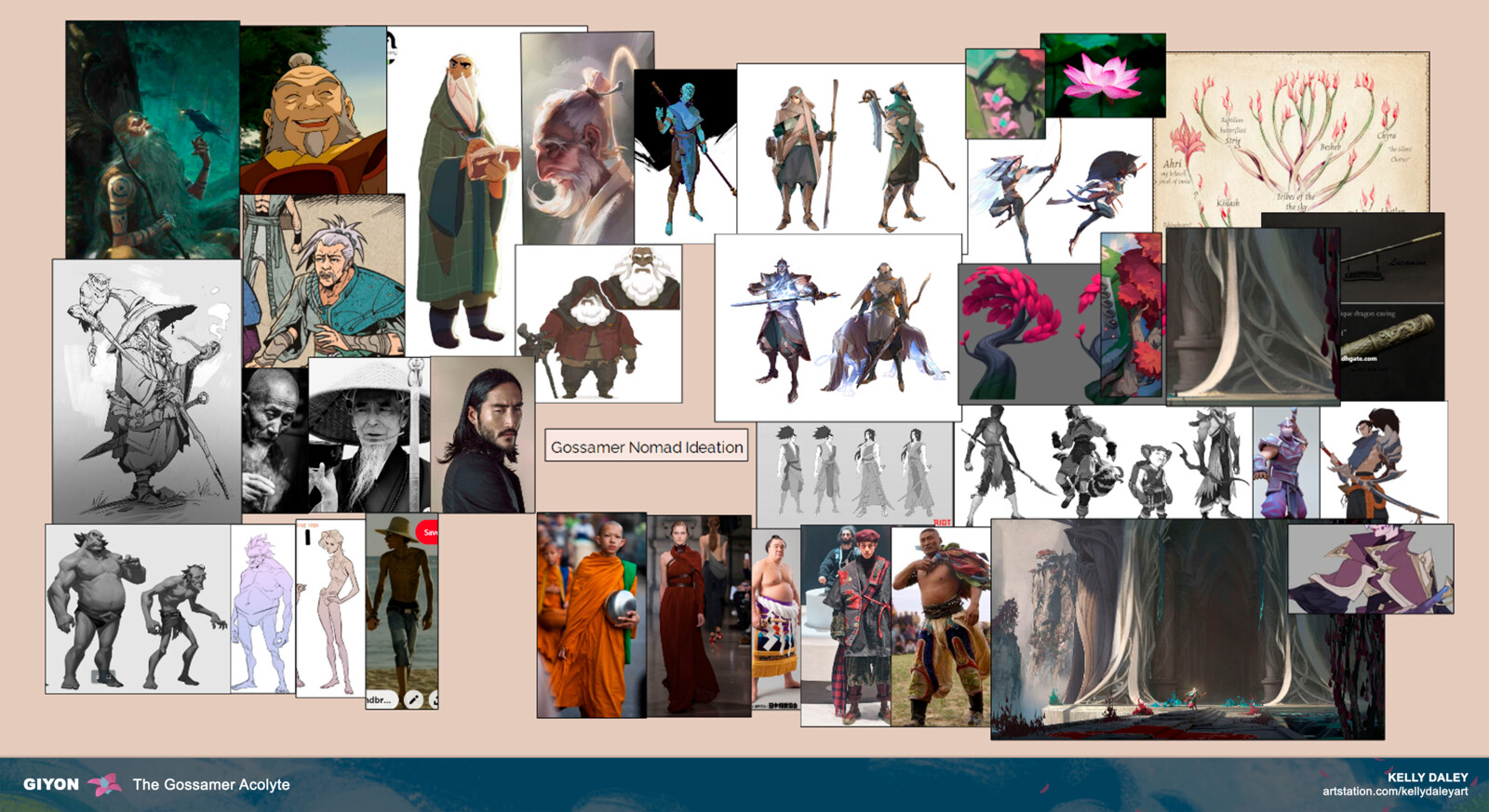 The next step towards visualizing Giyon was to grab references of Ionian characters, textures + real life clothes, and images of "old man" characters that successfully exist across entertainment. This aided in starting my ideation process.