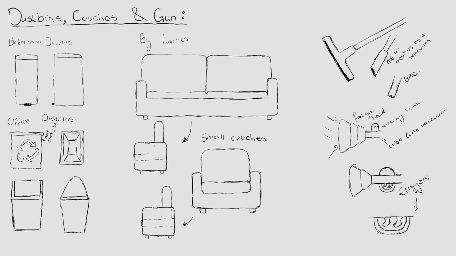 Office Asset Sketches and Weapon (Gun) Rough Conccept Sketches