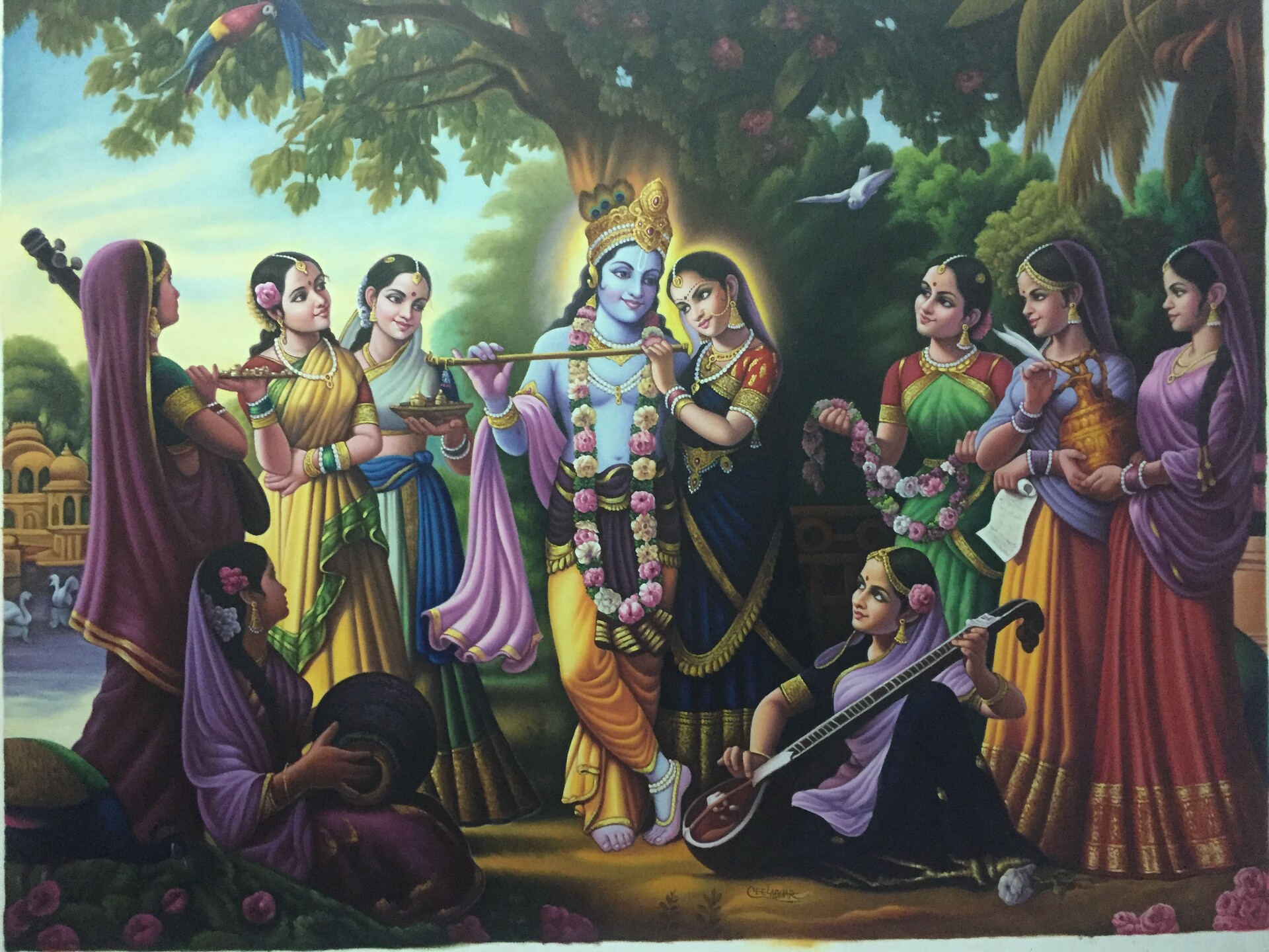 ArtStation Oil painting, Krishna with gopis