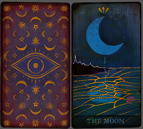“The reflection of the moon in the lake, there are two moons, and one smallish, reddish-purplish moon sitting right behind the big normal white moon, which is not actually in the sky in the Moon card. Just a single moon.”