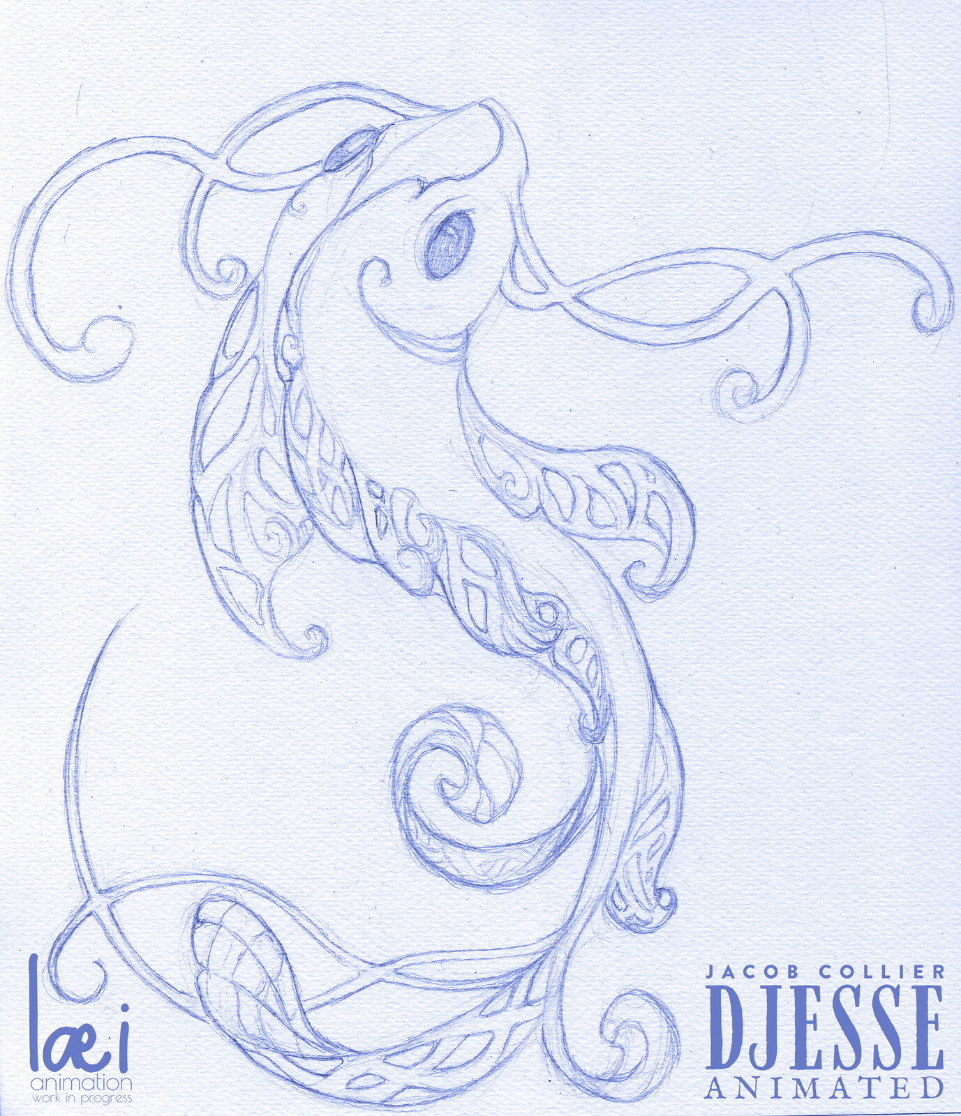 Art Nouveau fish design on paper and pencil