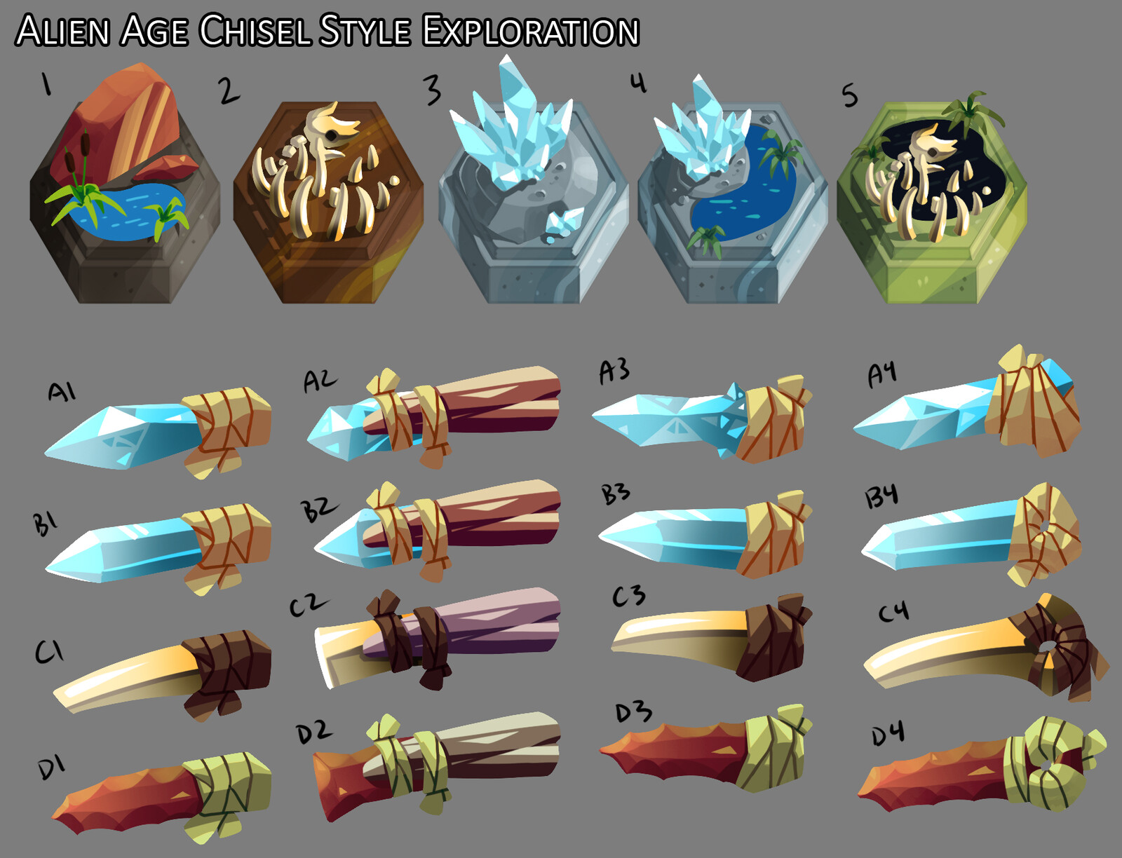Chisel concept, which later became "crystal". Ended up using #3 as the crystal tile.