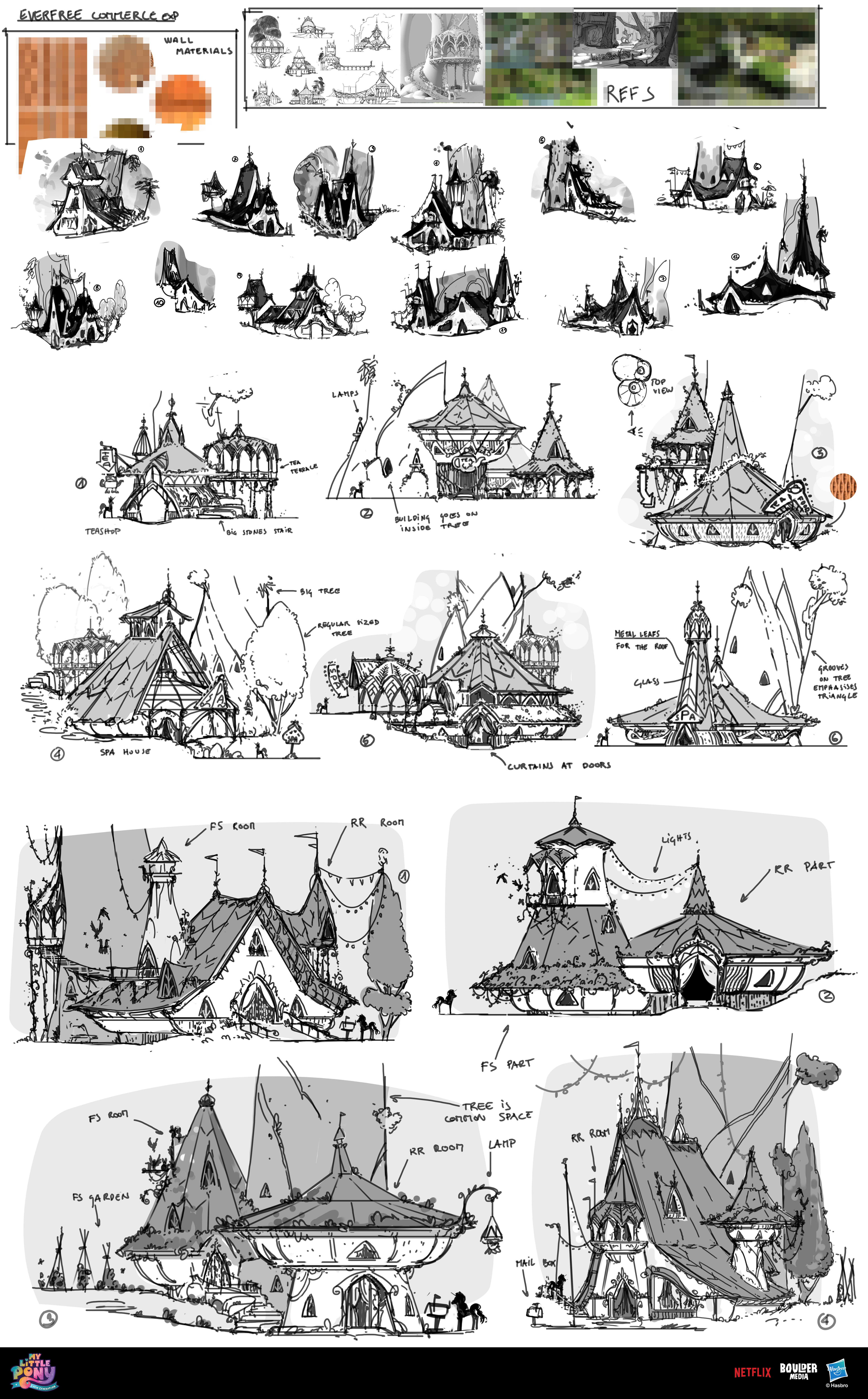 Some very early exploration for architectural styles in the Unicorn forest (called Everfree at some point)