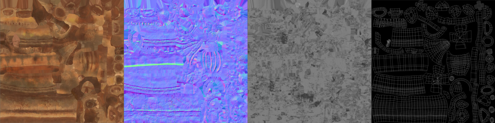 BaseColor, Normals, Roughness, UVs. I started handpainted first and later change it into realistic approach.