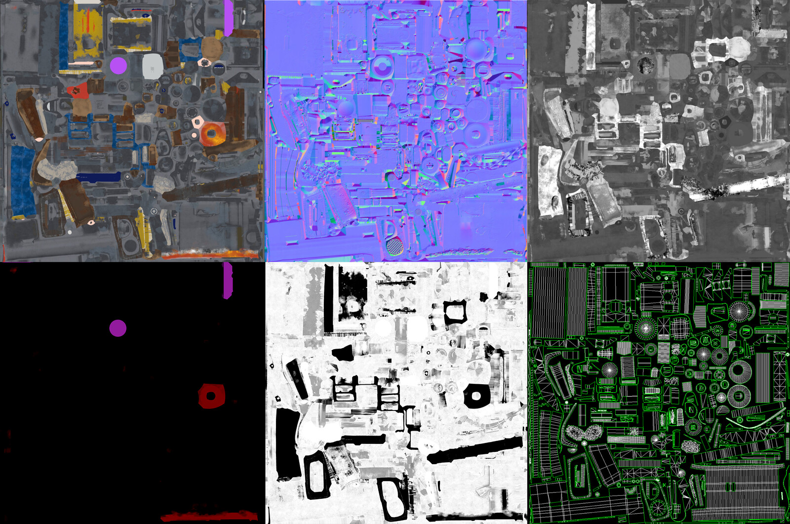 (Top Left to Right Bottom) Diffuse, Normals, Roughness, Emissive, Metallic and UVs. the final version use 4k Texture