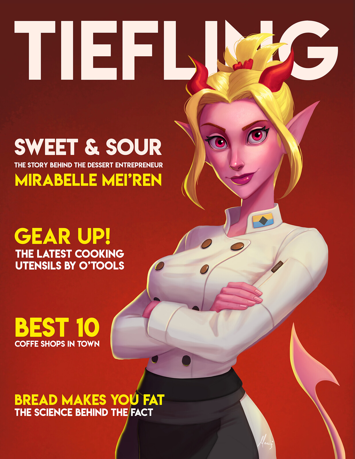 Mirabelle on the Tiefling Mag Cover, after 10 years when she reached her dream of becoming a chef