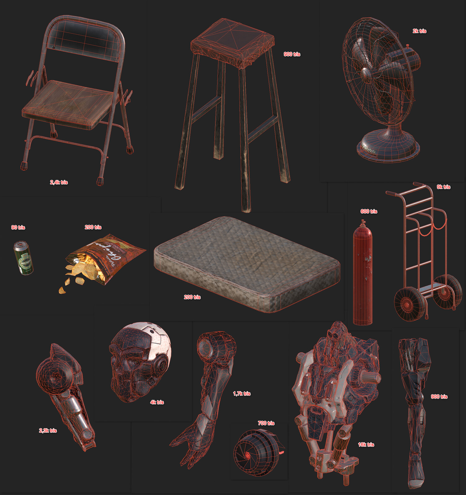 Wireframe and polycounts of some of the assets. some of them are only decimated from zbrush.
