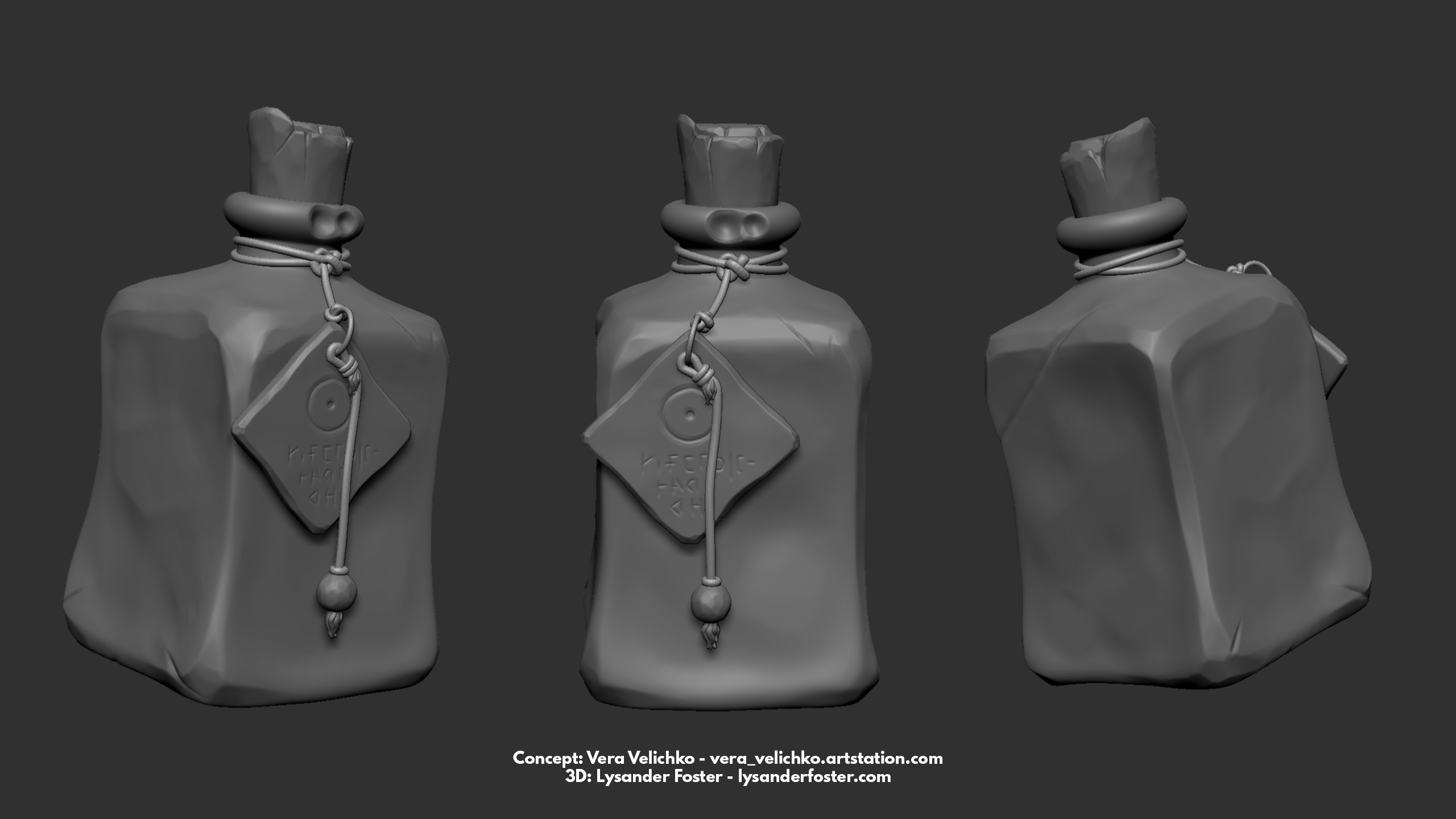 Almost all parts of the bottle involved some form of Zbrush work, ranging from retouches to complete from scratch sculpts.