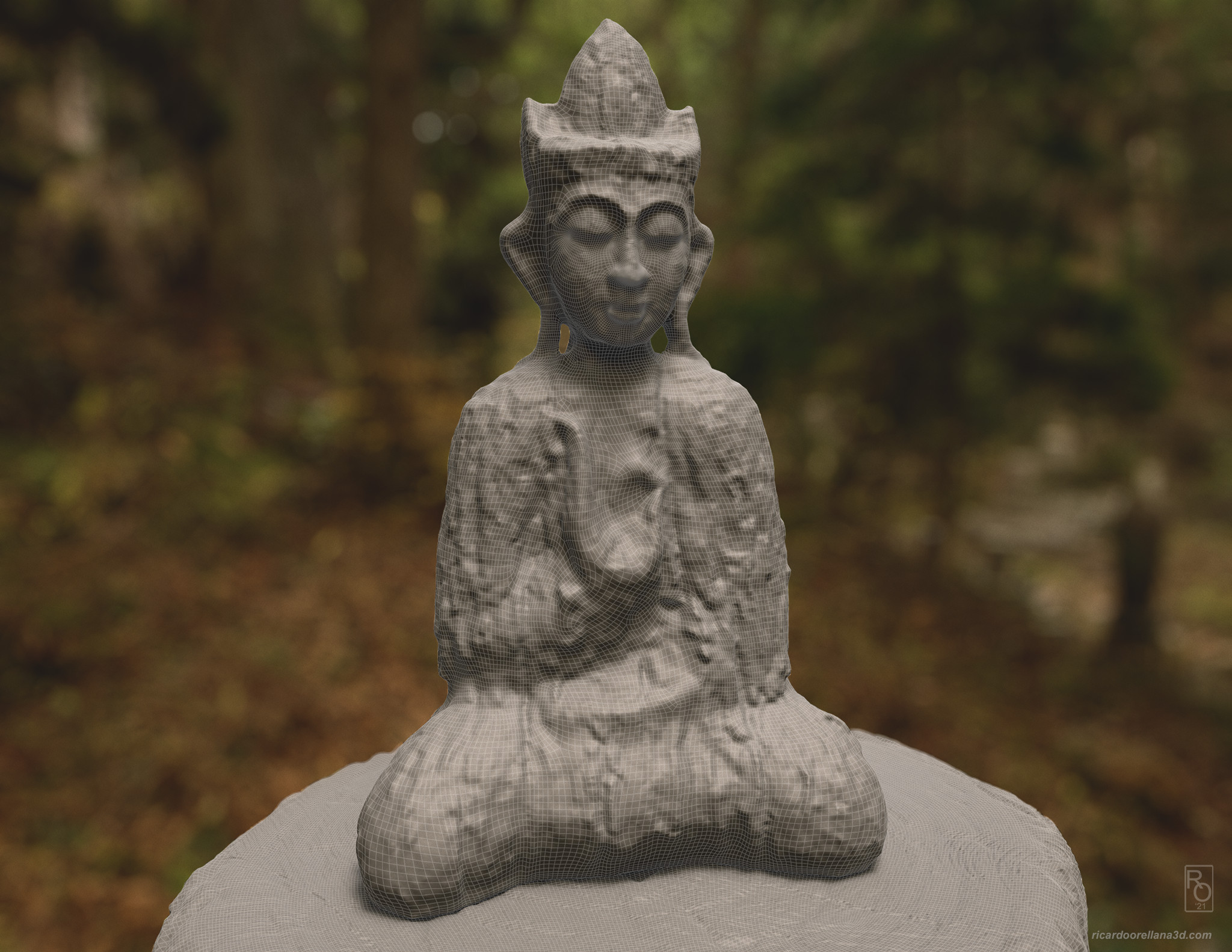 Buddha mesh reconstructed in Zbrush via ZRemesher and manually projected facial topology with subdivision level 2 used for the render