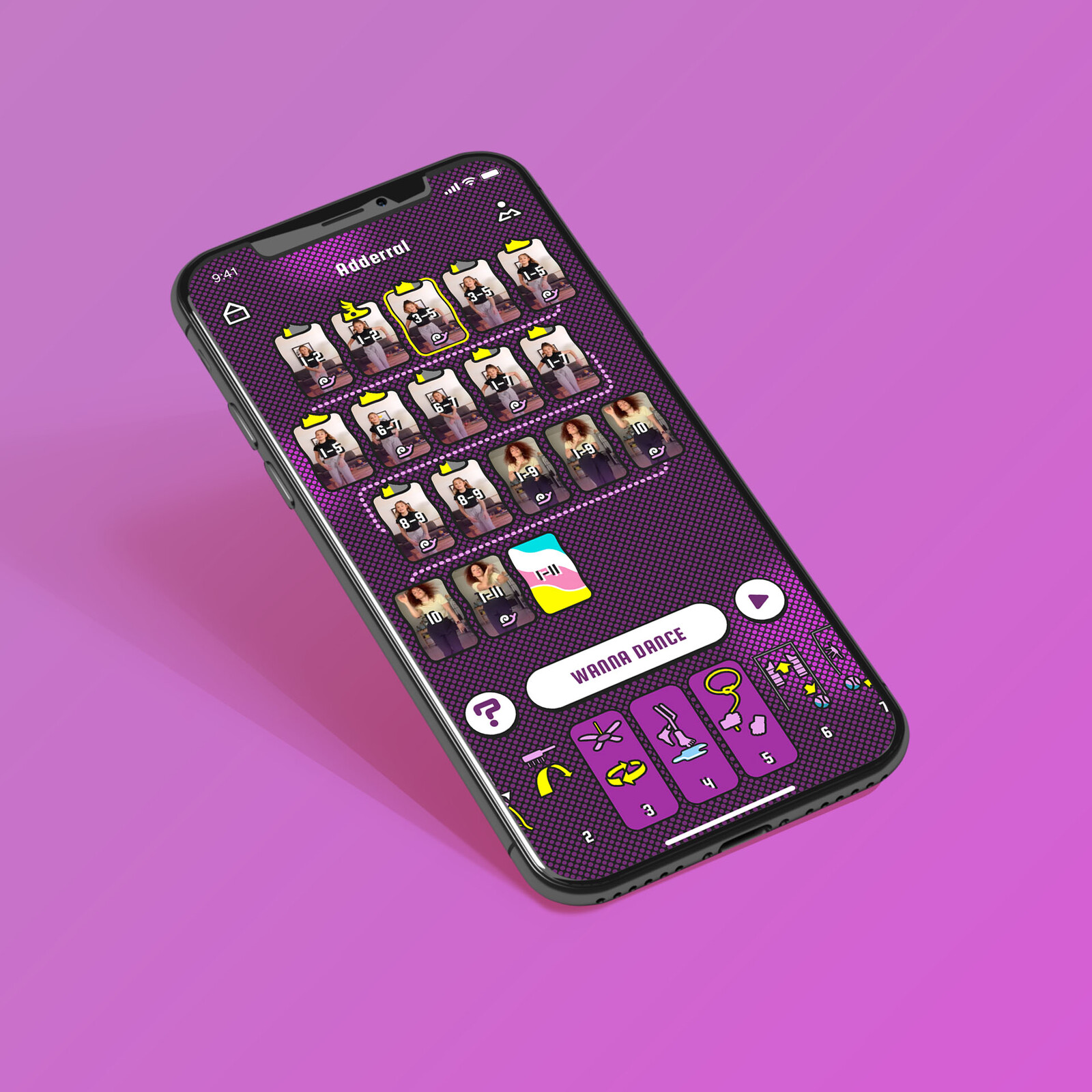 You can track your progress, review or re-dance a move in slow motion or regular speed.

A selected thumbnail controls the contextual actions below and relevant move metaphors highlight.