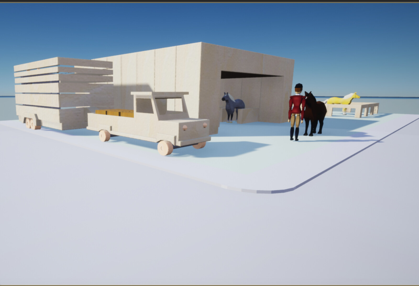 Long shot view of the toy block stable