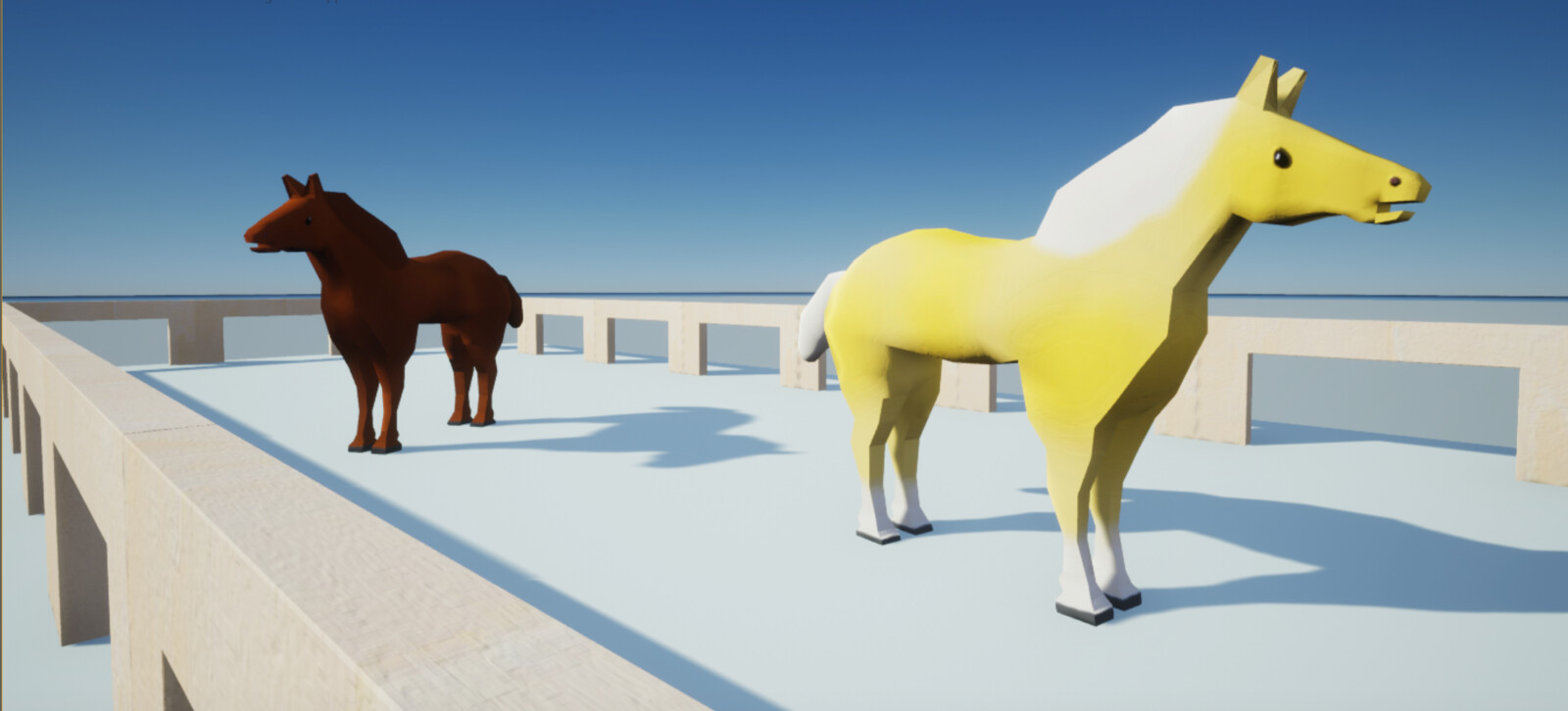 Close-up of the horses in the corral next to the toy block stable 