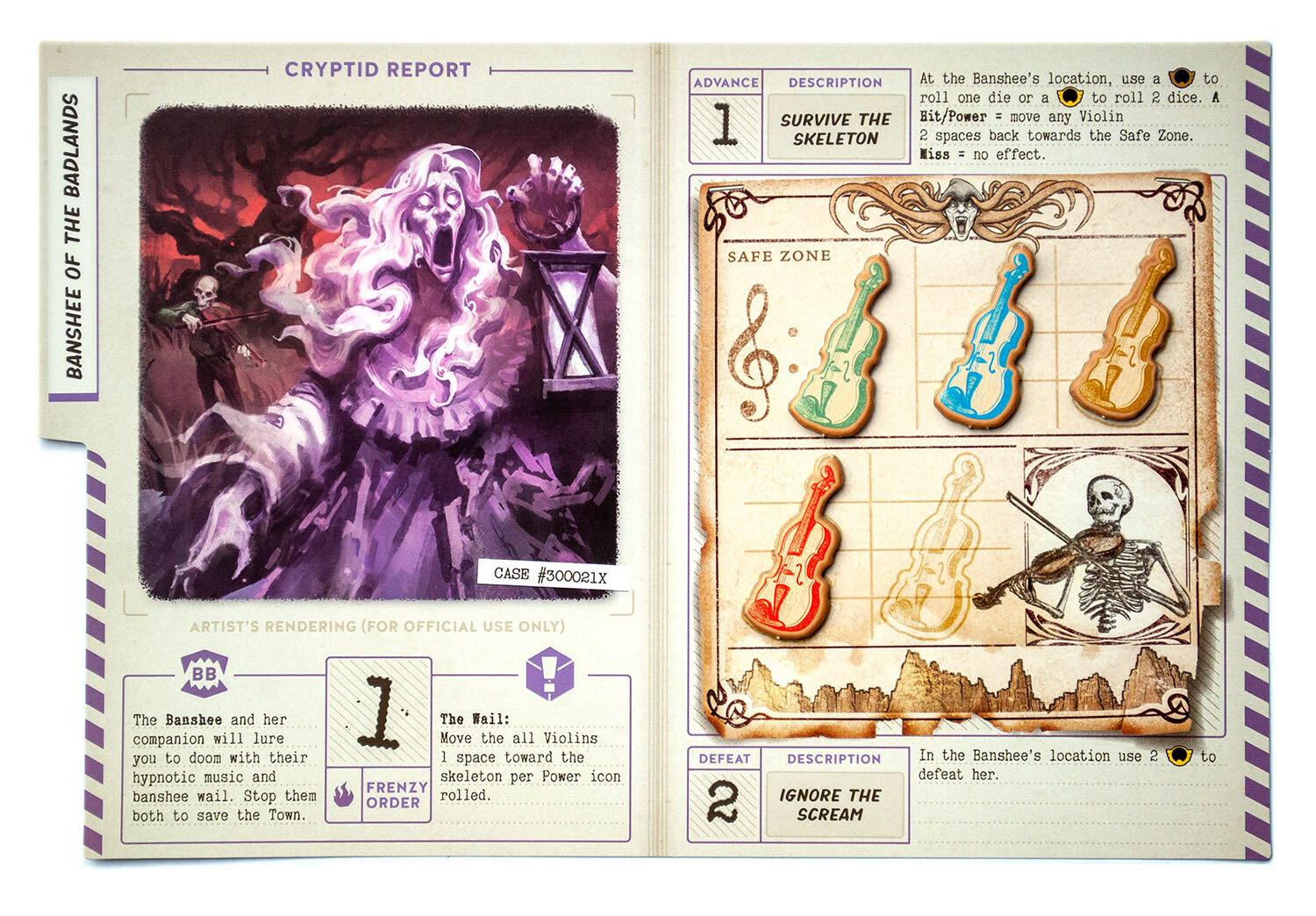 Banshee of the Badlands monster puzzle (right side) and violin tokens illustrated by me. Artwork on the left was illustrated by another artist.
