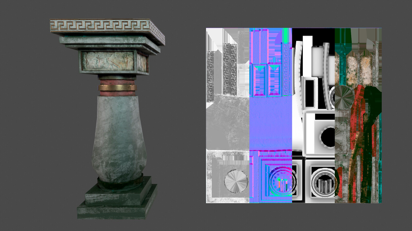 Balcony Base Column Asset, UVs, Roughness map, Normal map, Ambient Oclusion map, Color map.