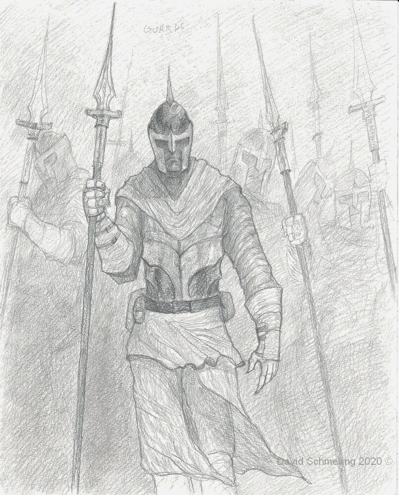 A pencil drawing of guards (king's army).