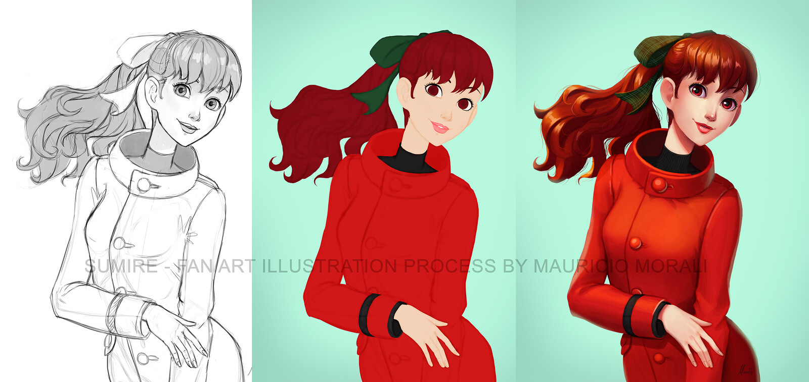 A bit of my process, from sketch to flat colors to render.