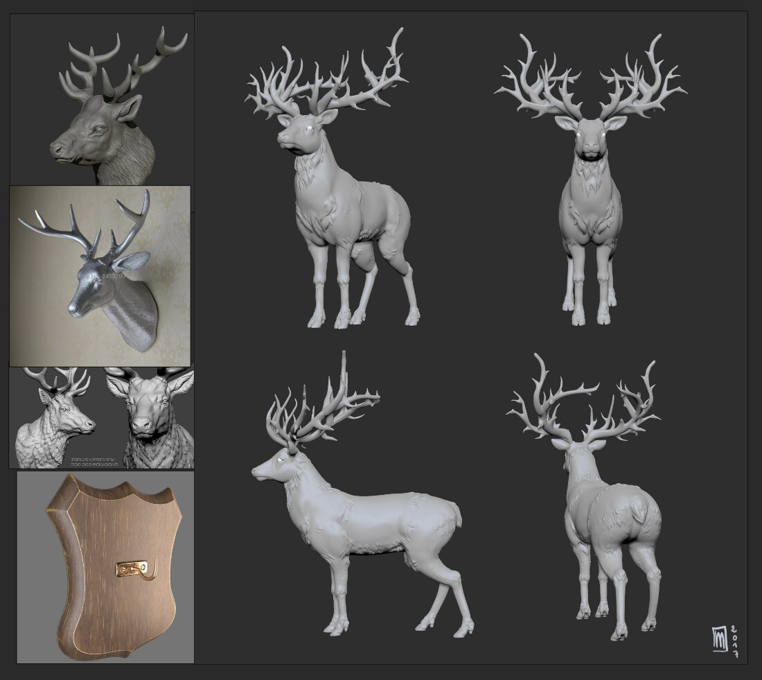 This is the moodboard I made for this prop. I picked images that had a stylized deer head that I could base myself on to make mine. I also inspired myself from that silver deer wall statue to make my textures.
