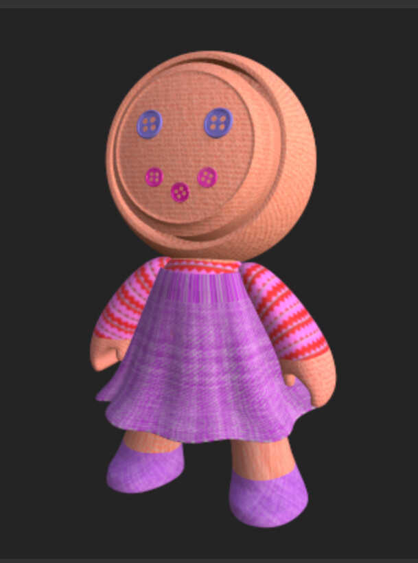 Look Development: Doll
Textured in Substance 3D Painter.

We got a base model of the MAT character made by Damien Levaufre. I have added a skirt, shirt, shoe, eyes and mouth buttons and changed the shapes of the legs.