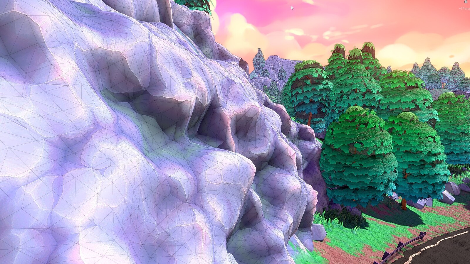 Wireframe - Rock Cliff Meshes are procedurally generated from terrain (not prefabs), lower resolution by distance.