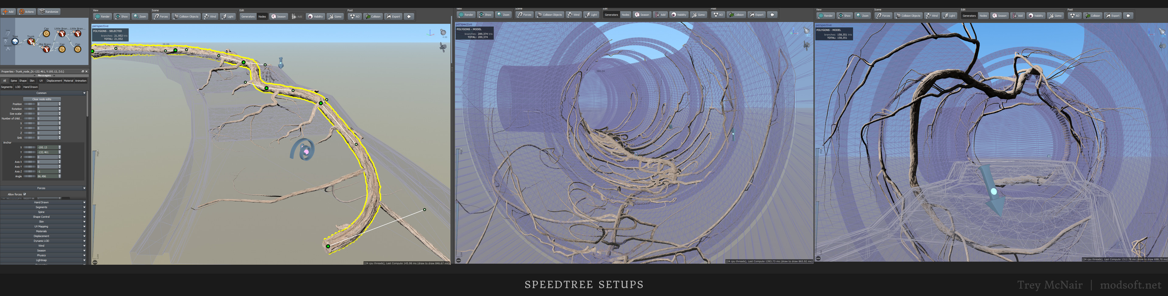 I used SpeedTree to generate the roots procedurally. For the stairway roots, the main trunk was drawn with a spline. the branches and other trunks were grown using a combination of mesh and magnet forces.