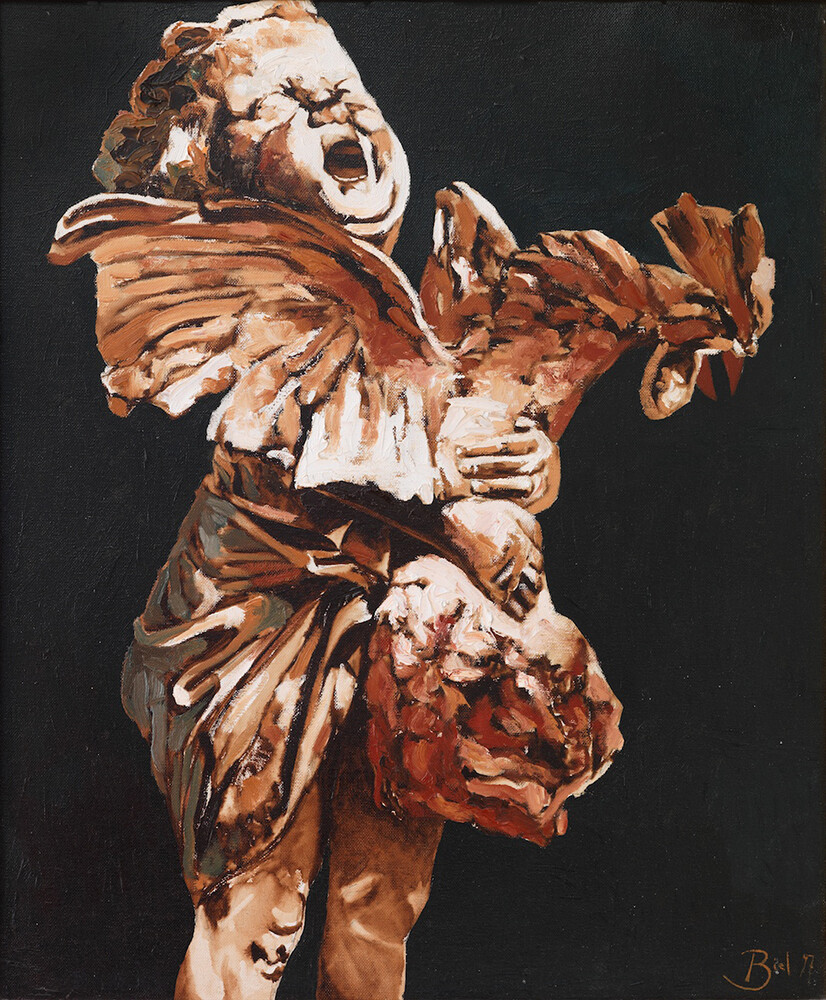 "Niño con gallo, de Adriano Cecioni". 60x50cm. Oil on canvas.