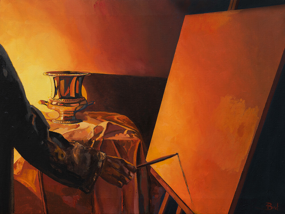 "Pintando la champañera". 61x46cm. Oil on canvas.