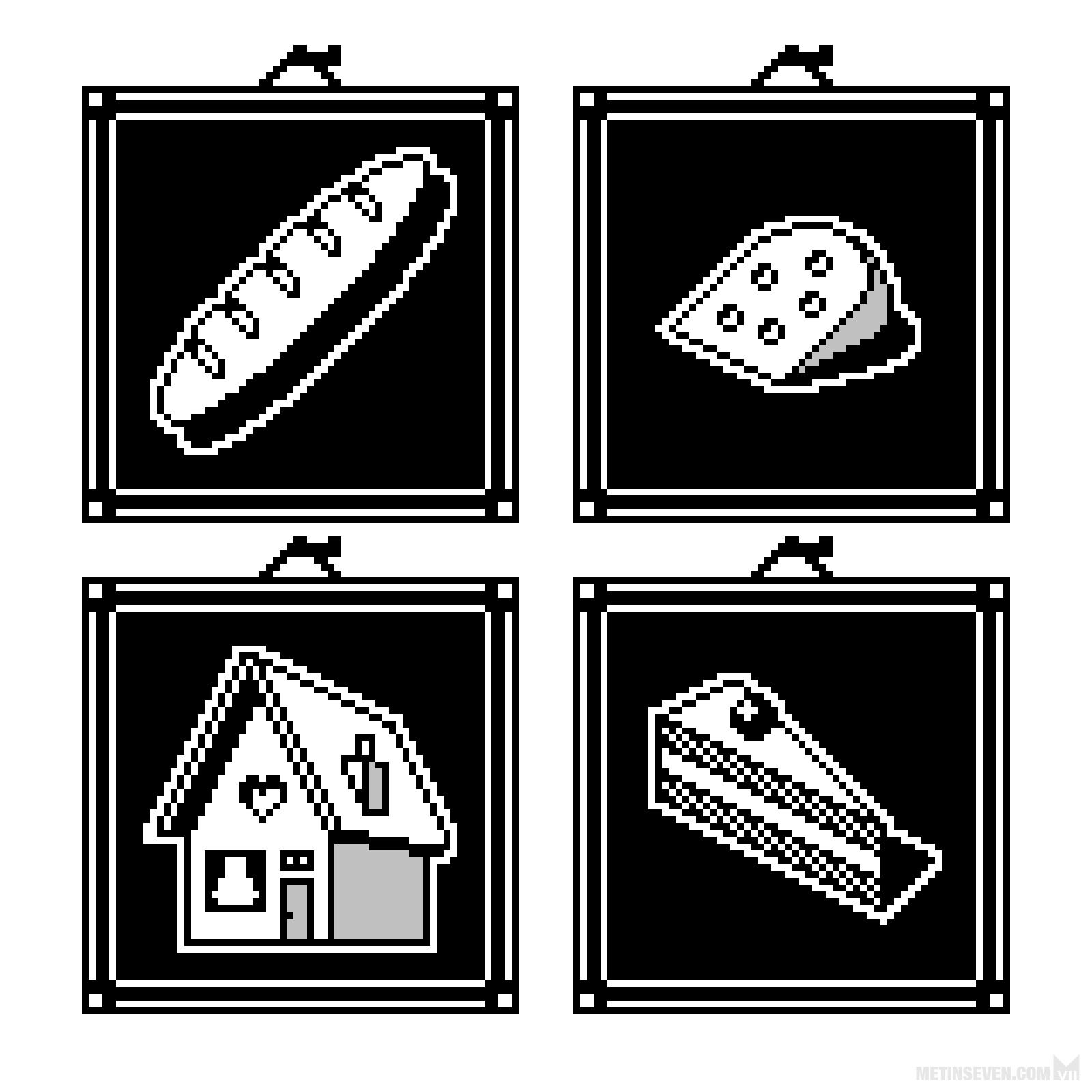 Black and white pixel art icons