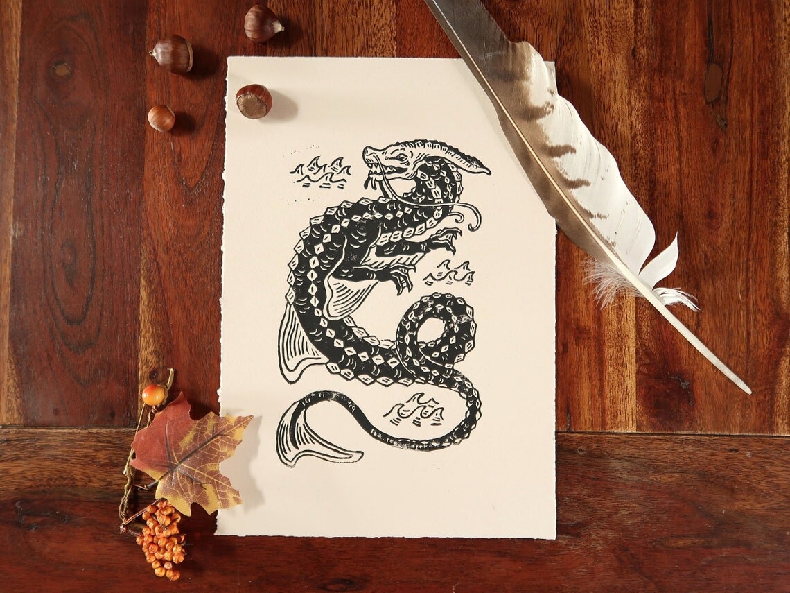 ArtStation - Sturgeon dragon linocut