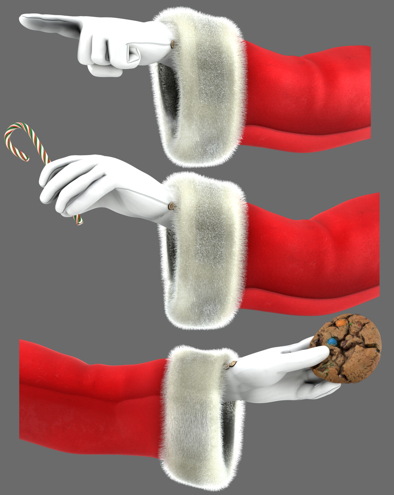 Responsible for modeling, texturing, and groom on sleeve and hand and candy cane.  Rigged with Advanced Skeleton.  Cookie model and textures from Quixel.