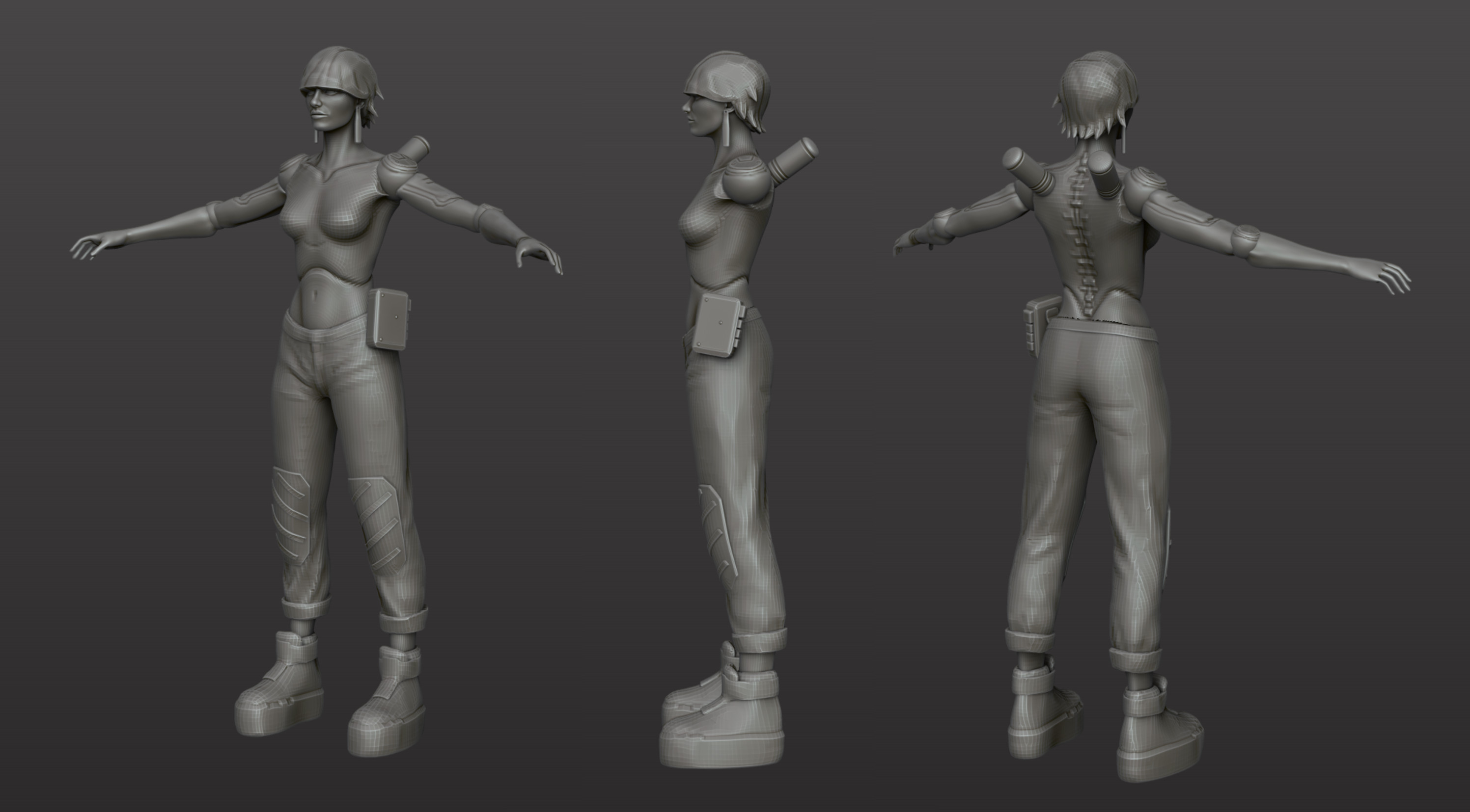 More body blocking (accessories and hair)
Slimming down the legs - pants sculpted over to correct shape