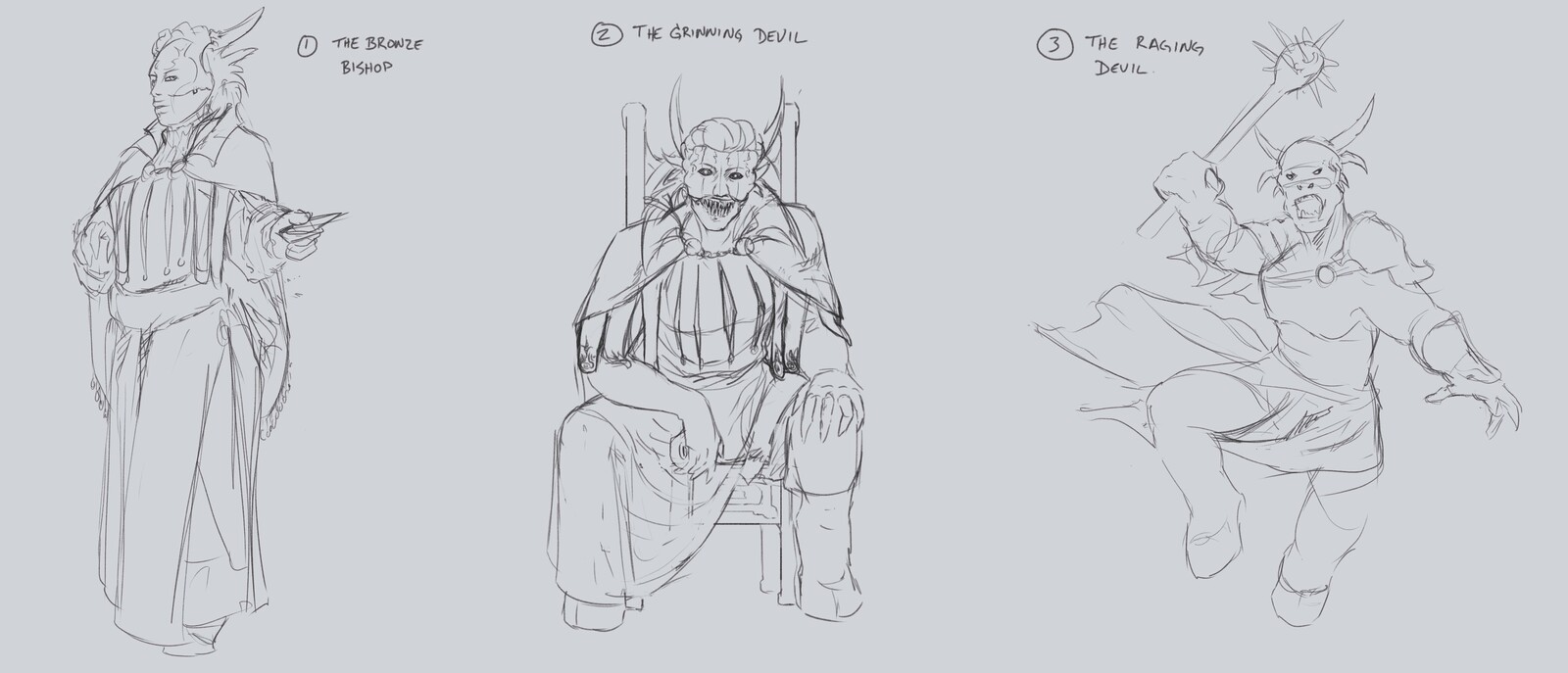 Concept sketches showing Bael fully masked as the Bronze Bishop, revealing himself as the arch-devil and then fully unmasked.