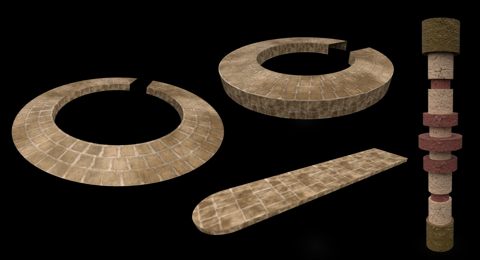 A render of the different ground parts and the pillar that I also duplicated around the room.
