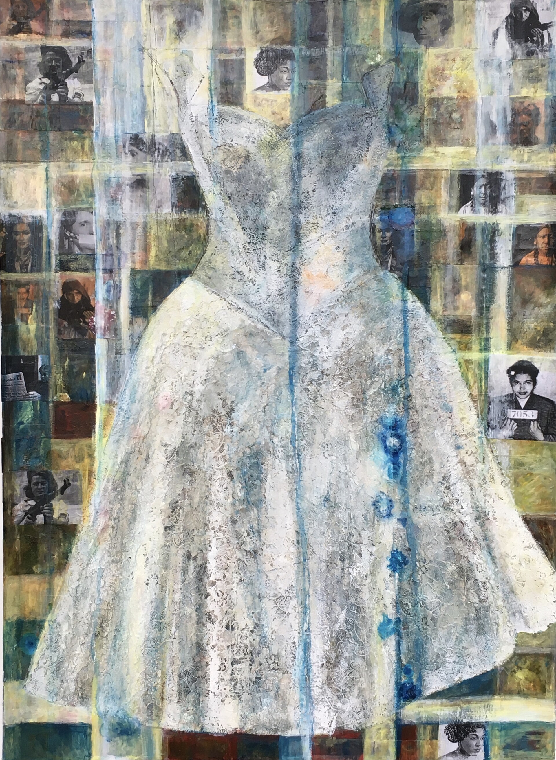 ArtStation Dress in Lace, Mixed Media Collage on paper, 22 X 30, July