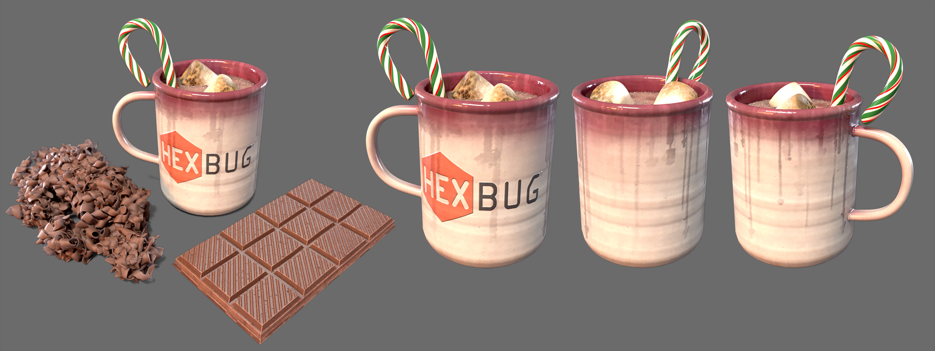 Responsible for texturing all assets and modeling chocolate, candy cane, and marshmallows.  Mug model by Hannah Kuehn.