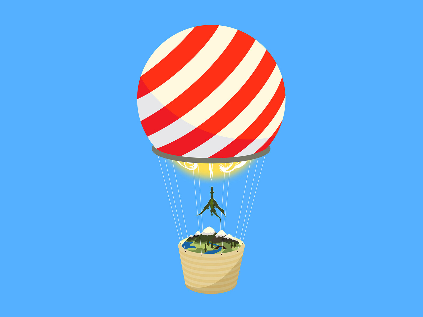 Atlas Dragon
As I believe, we create our own world, and carry it with us!
Dragon Lifts his own air-ballon like world with his fiery breath, A digital flat colour Illustration.