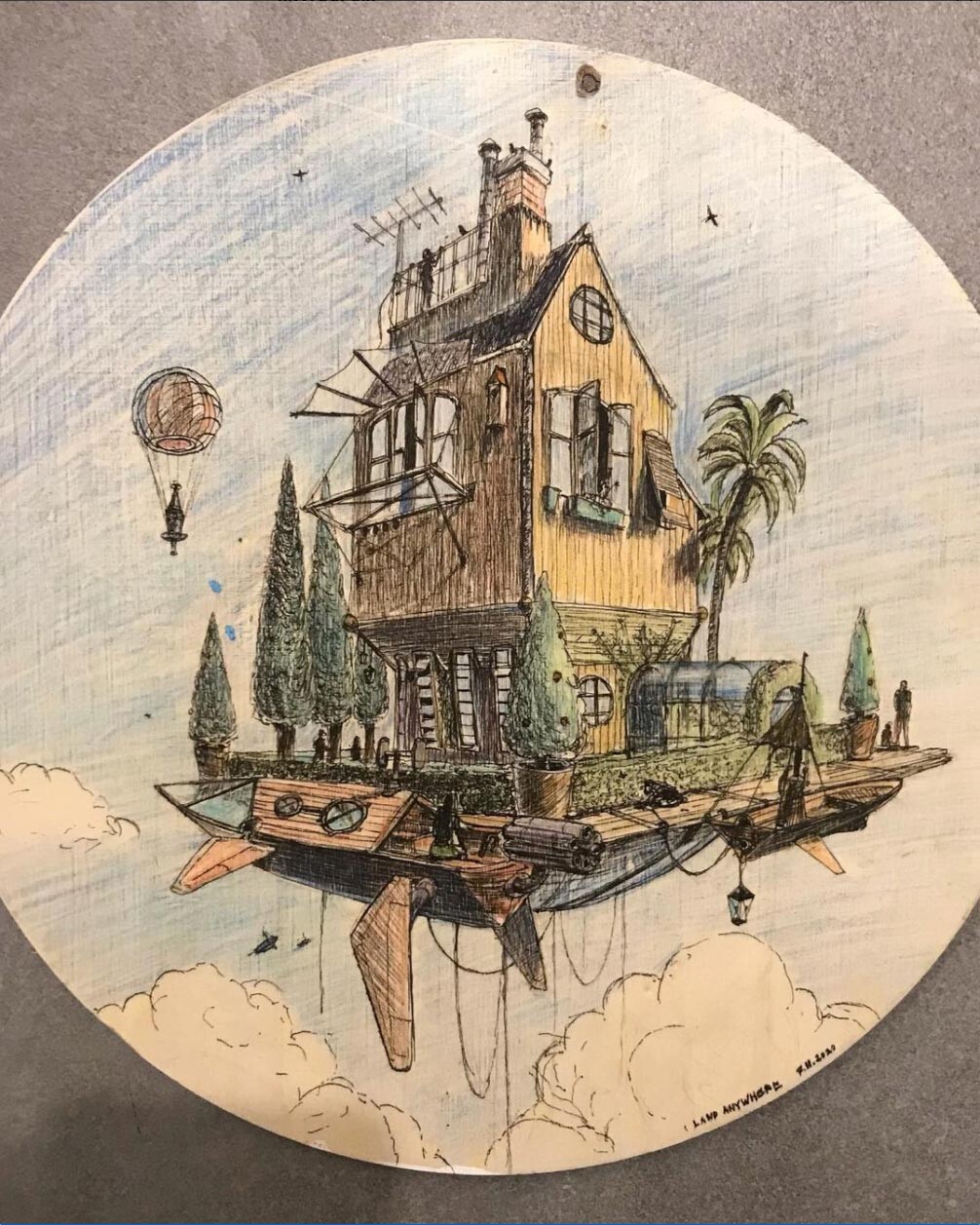 Hand drawn illustration on a wooden circle made for my parent’s’ renovated home