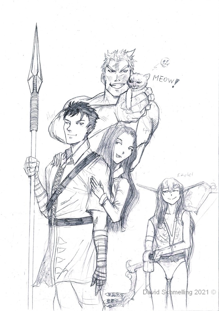 A sketch featuring Hal (a guard), Tetra, Albrecht (background with the cat Herrman) and the wind-elf Ezabel.