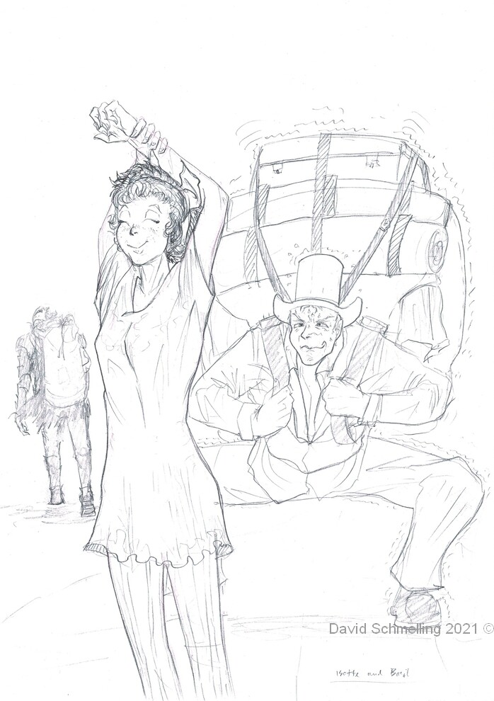 Isotte and her husband (and a merchant in the background) after some successful business. (Her husband Basil said it's no problem to carry all of it)