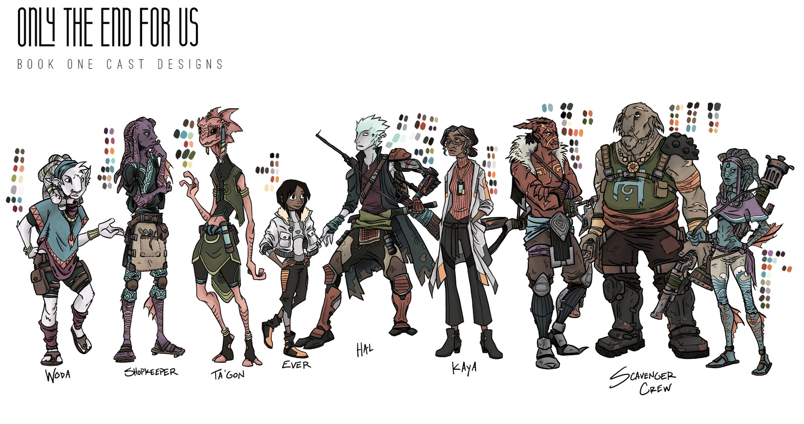 Full cast for the first book of Only the End for Us, with scale reference.