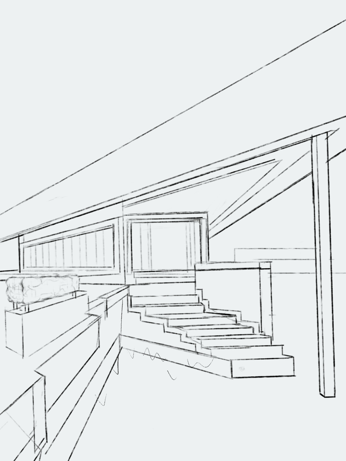Initial sketch / house design - Inspired by Frank Lloyd Wright's houses - I wanted to establish a claustrophobic feeling in the setting. Lloyd-Wright's sharp edges houses really captured the brutal aesthetic I wanted to go for.