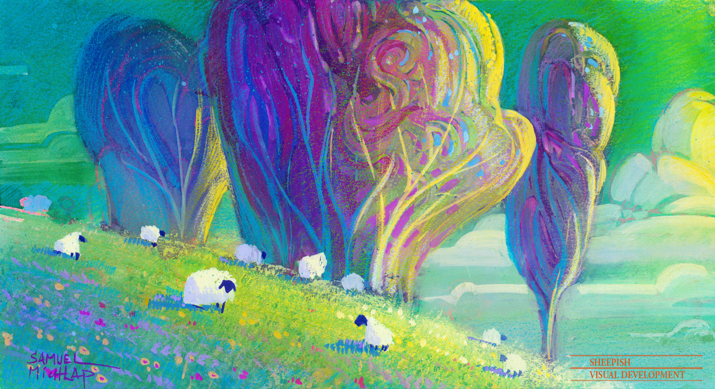 Sheep shapes everywhere was one way to push design. Gouache and color pencil.