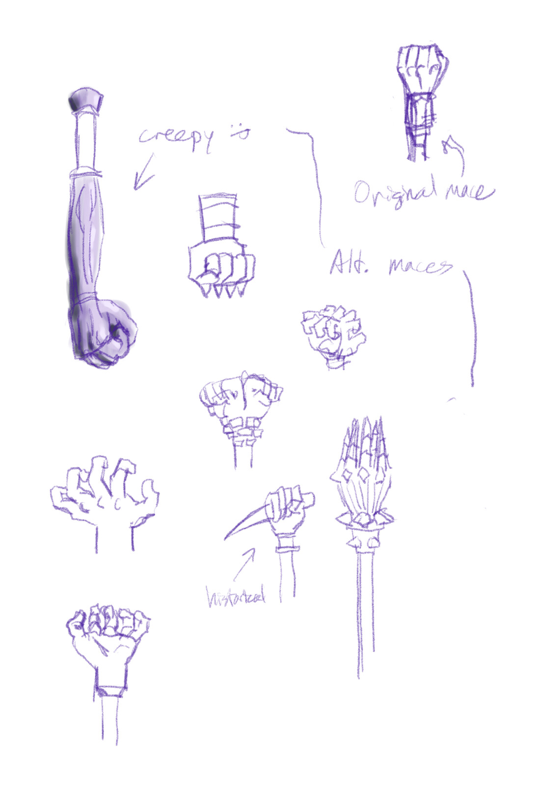 I was asked to create a mace based on a fist; the player liked the one closest to the god's symbol