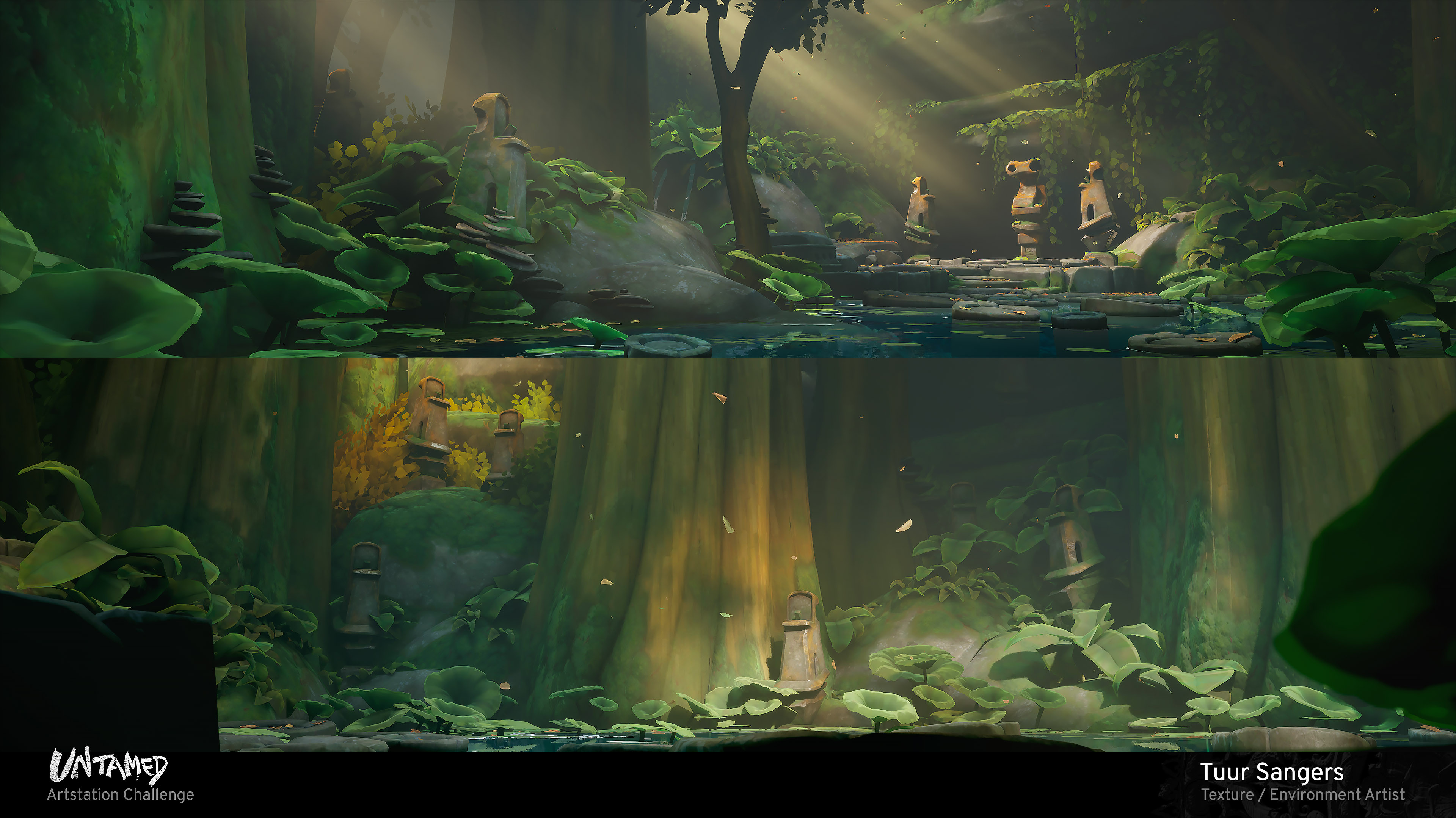   Some more shots to give a better sense of scale. I included an entrance area, that would allow some better pacing. I was really inspired by the classic Zelda Fairy Fountains that provide this peaceful environments