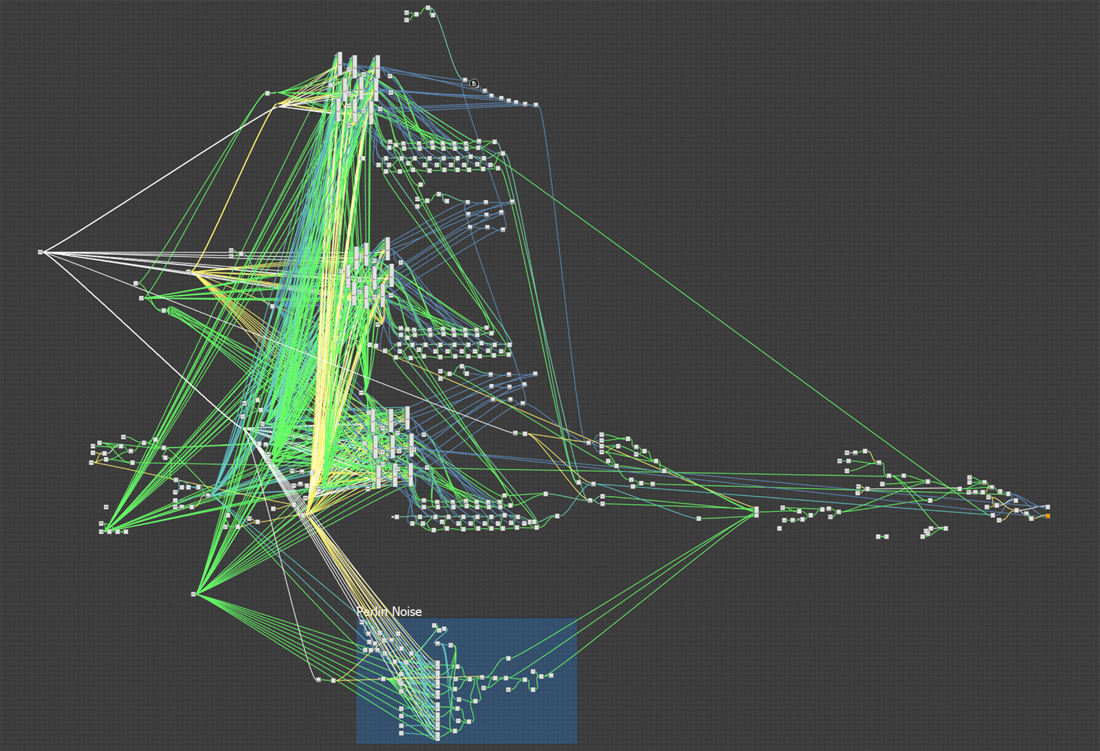 The main pixel processor with all the neighboring cell sampling to accumulate the patterns. There are 27 instances of the cellnoise function in this graph and 8 instances of the perlin function.