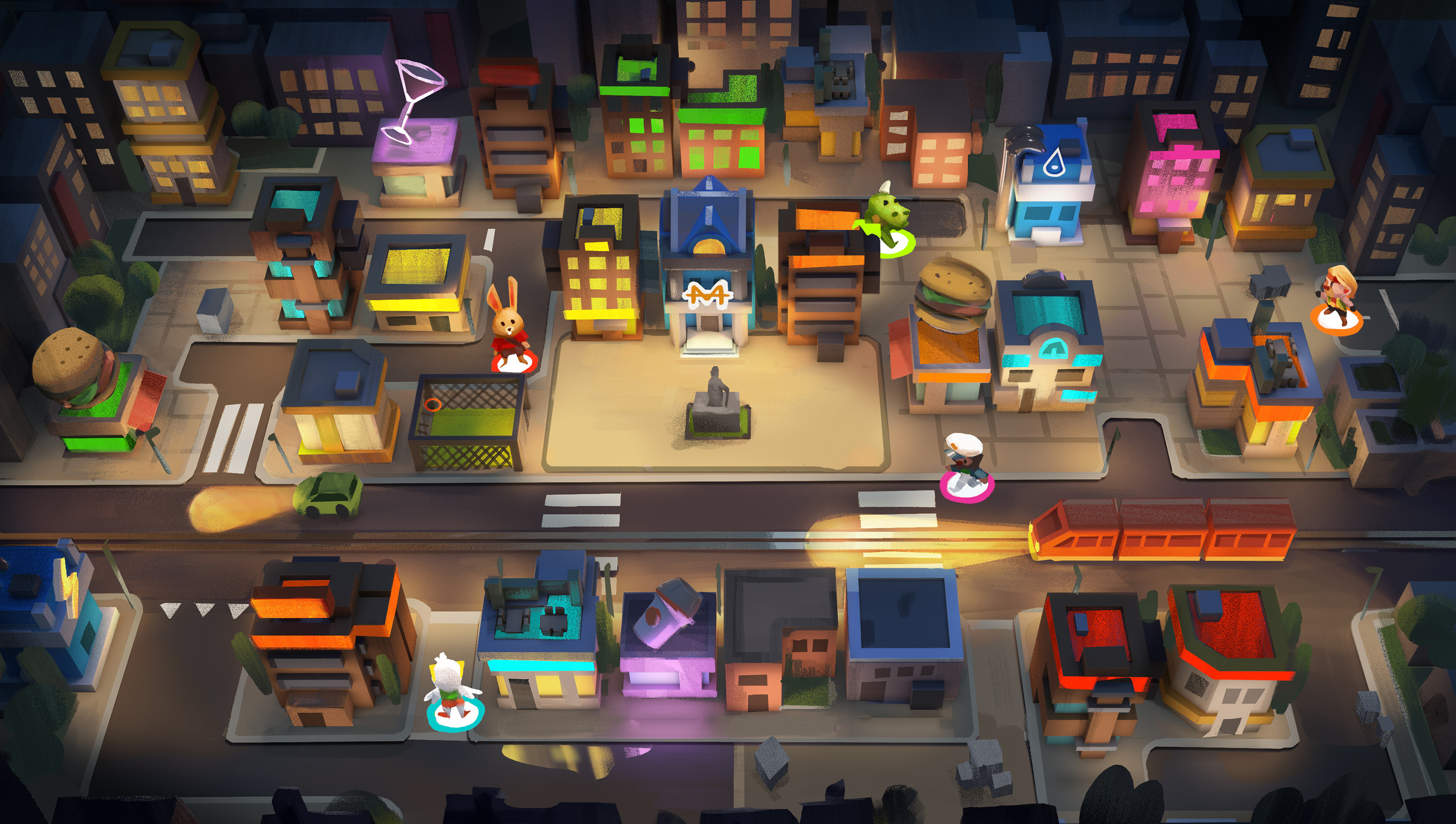 First concept for the nightlife theme maps. Instead of being lit from above, I wanted this theme to be lit from inside the city, with subtle light from the moon on the roofs. 