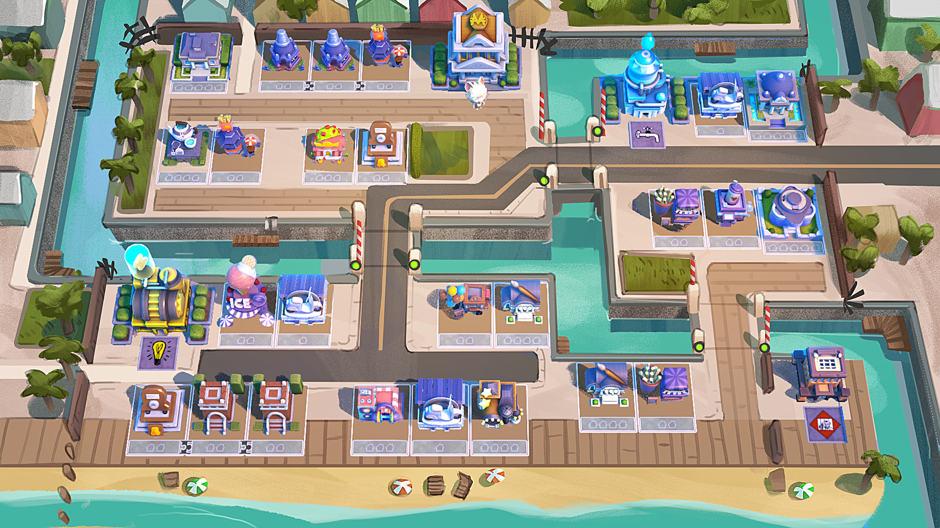 I did quick overpaints for each layout the game designers came up with. This was to give the cities some some character, variation and readability. This one is for the beach theme.