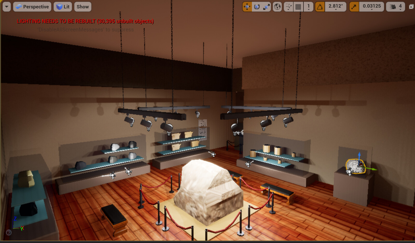 Created the hanging lighting fixtures and added in the lights. 