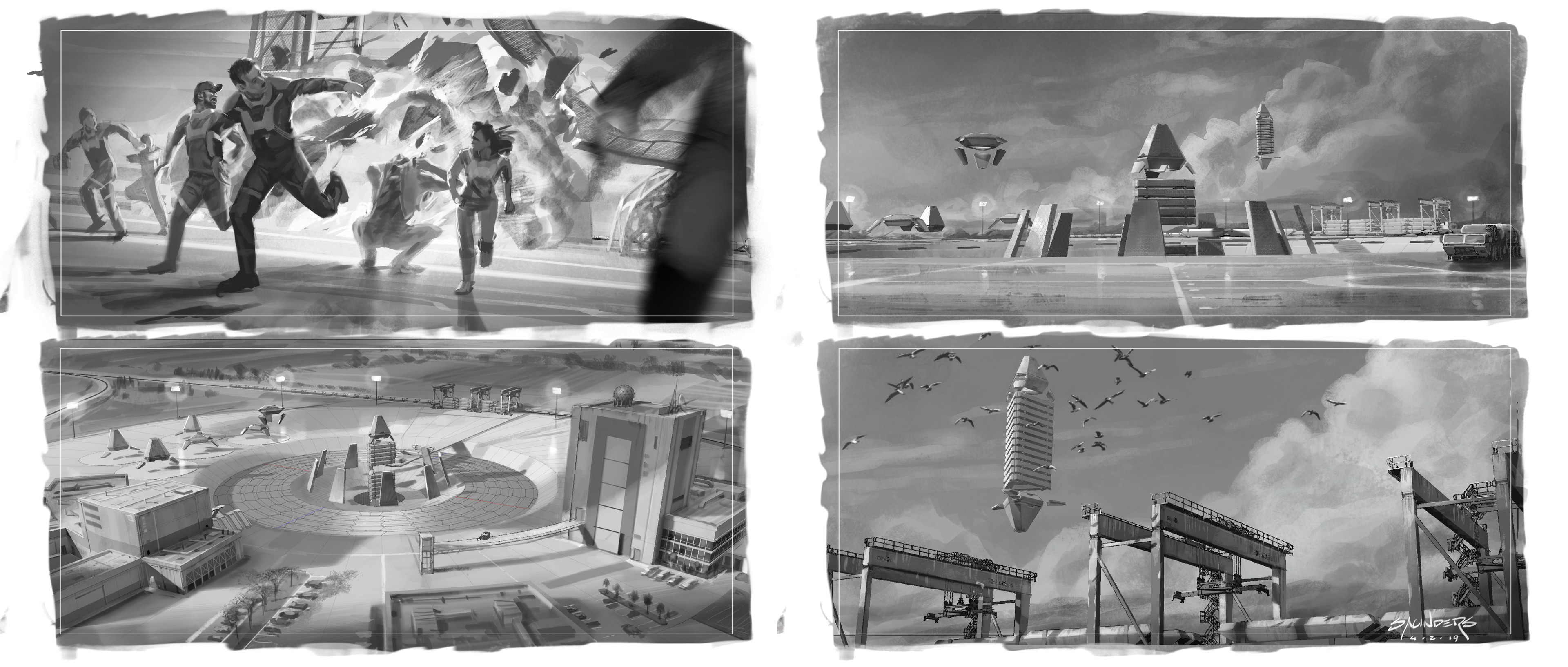 A typical page of thumbnails I make to set the stage and find cinematic moments. 